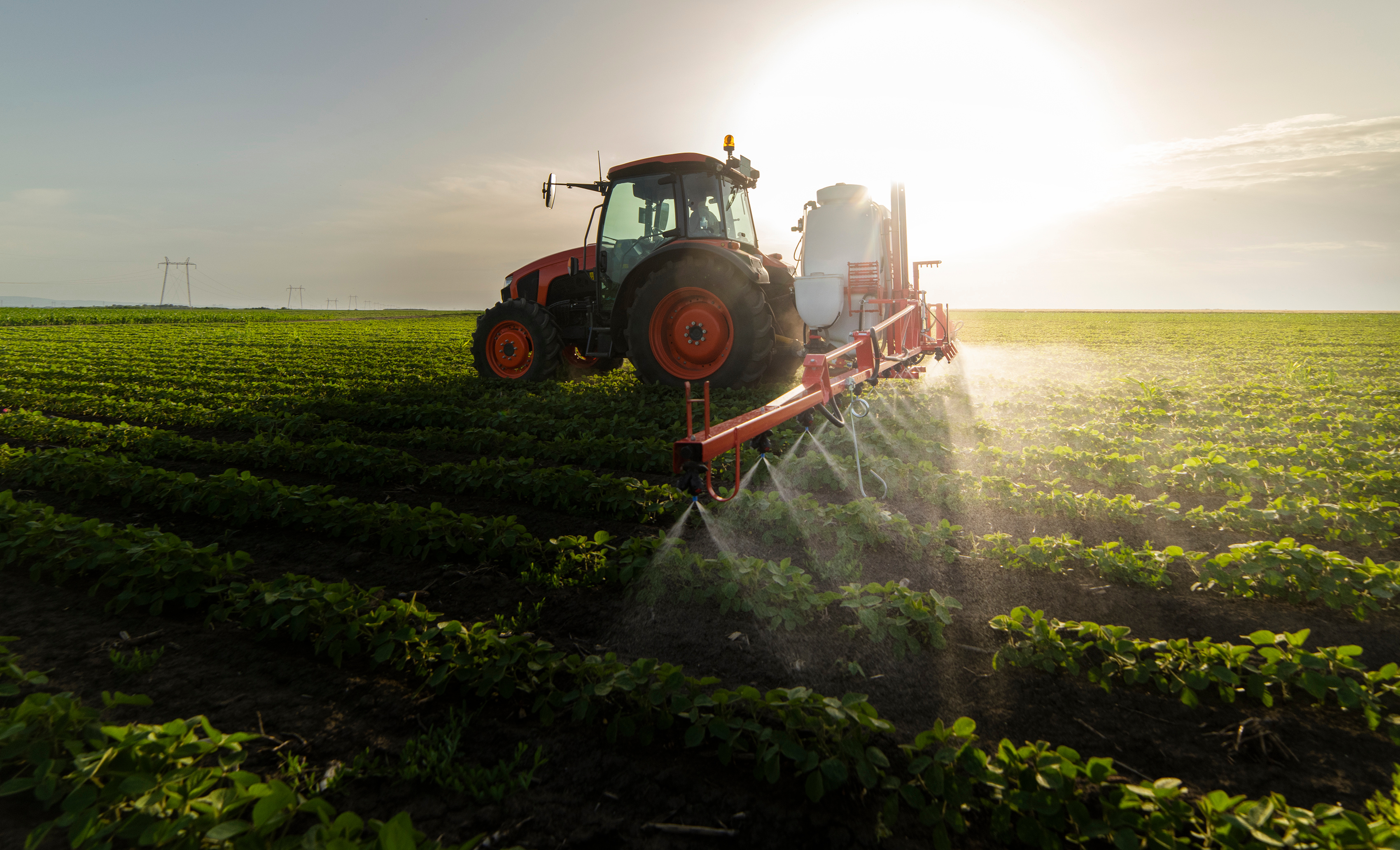 Tractor spraying pesticides on crops. 